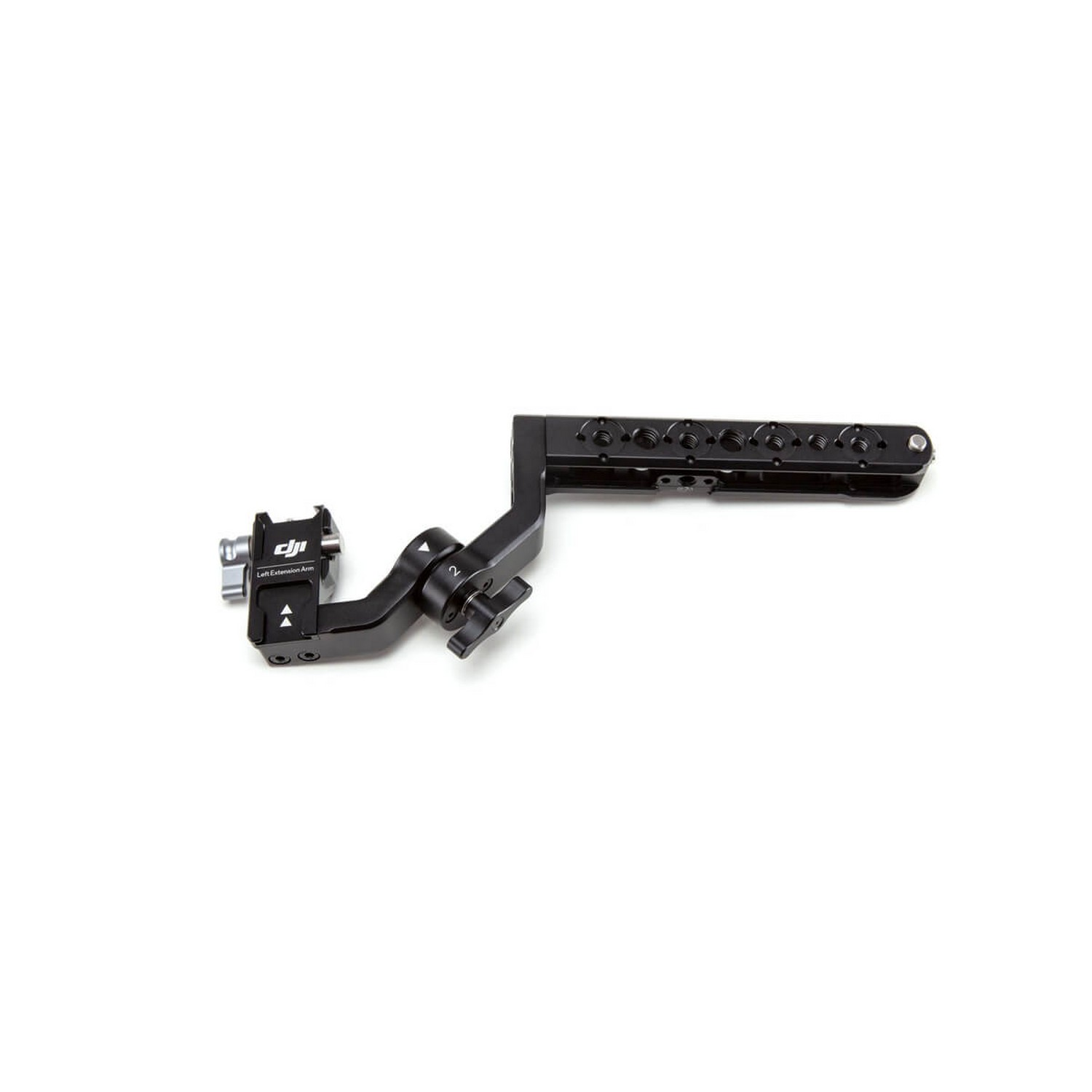 A black camera extension arm on a white background. It has various adjustable parts.