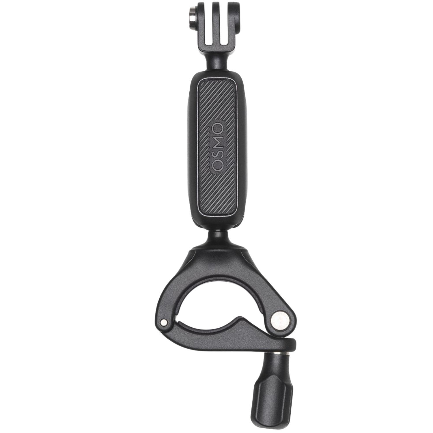 Zwarte Osmo cameramount klem, ontworpen om aan oppervlakken te bevestigen.