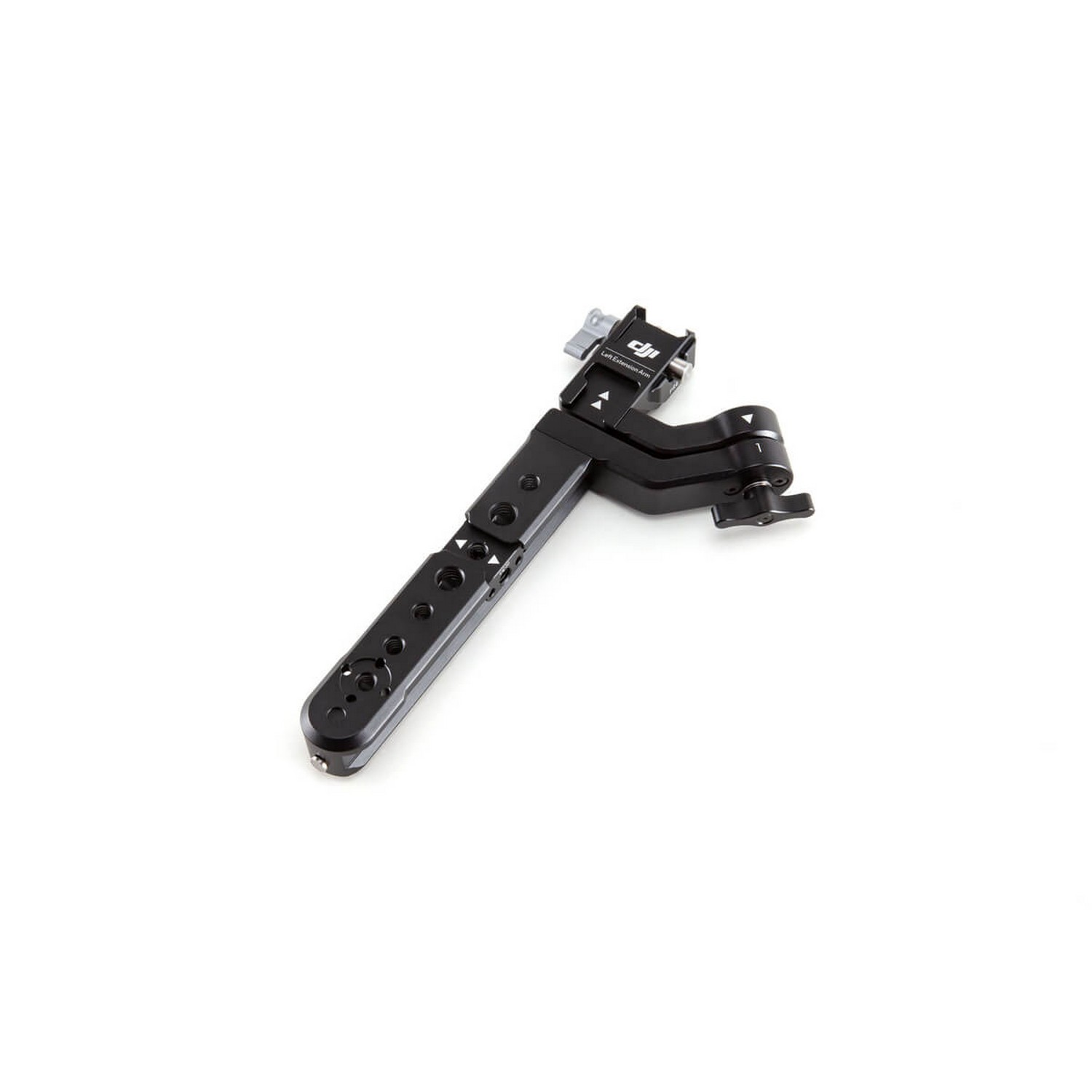 A black camera mount lies on a white background.