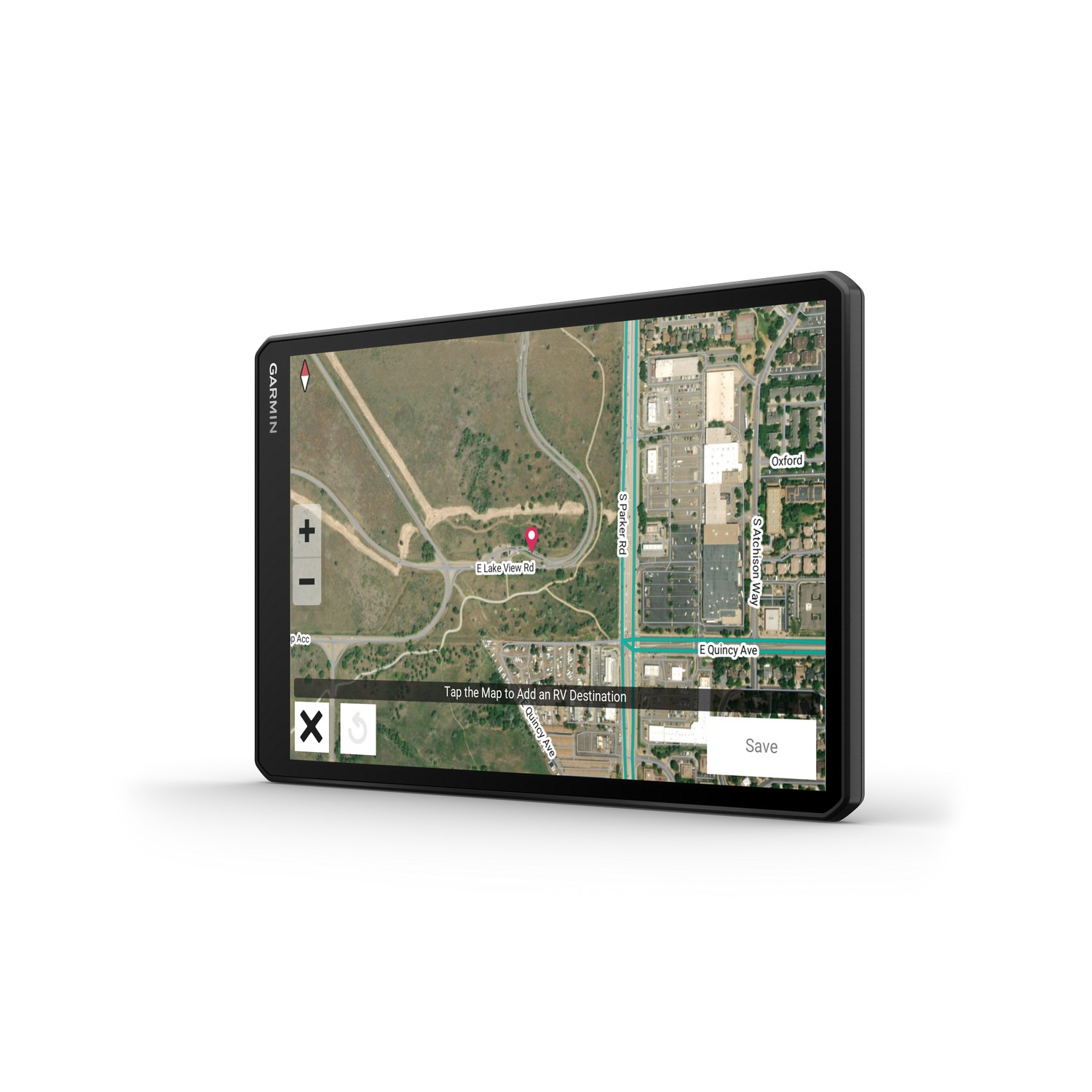 GPS device screen displaying a map of a town with route options and navigation controls.