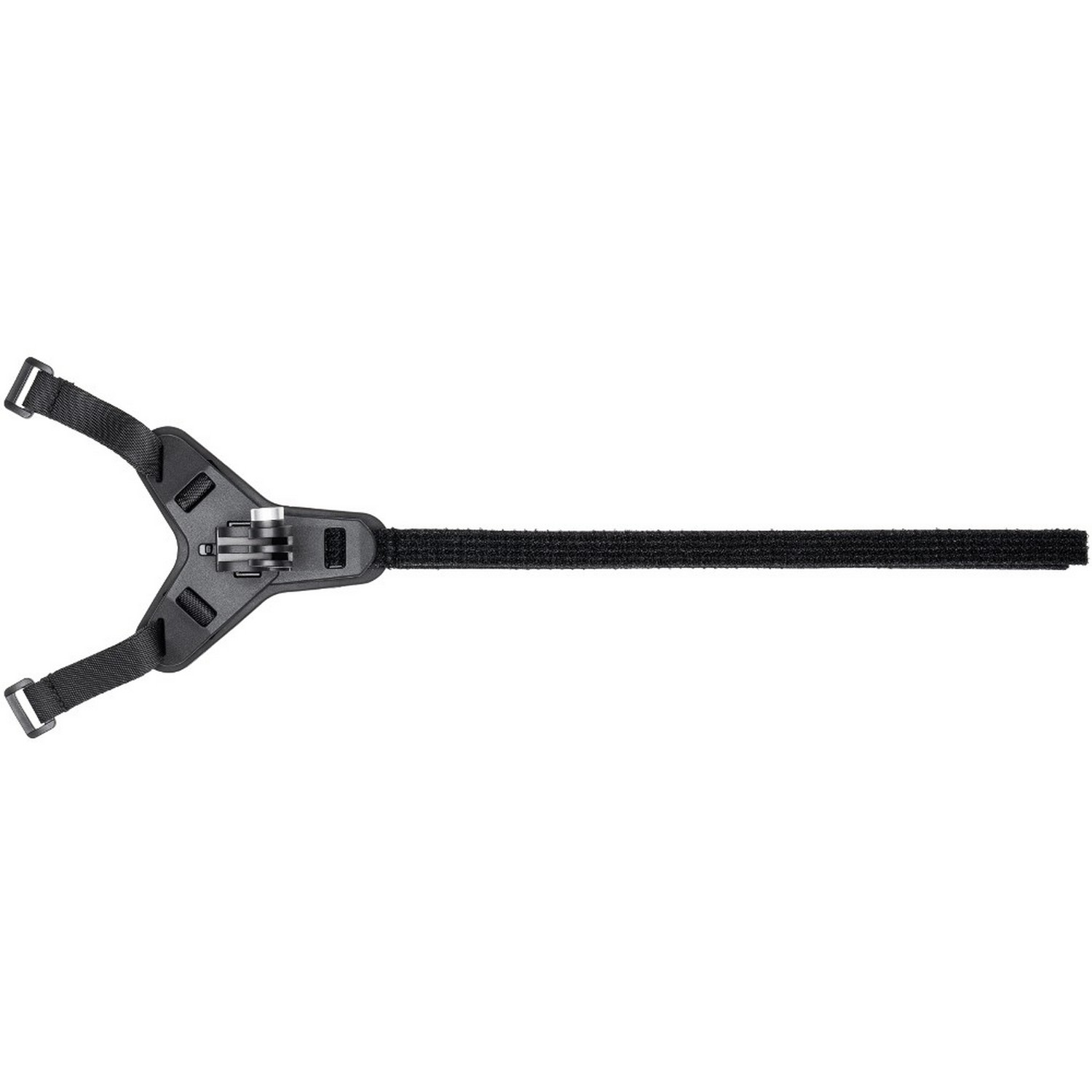 Black head strap with adjustable buckles and a mount. A long black strap extends from the mount.