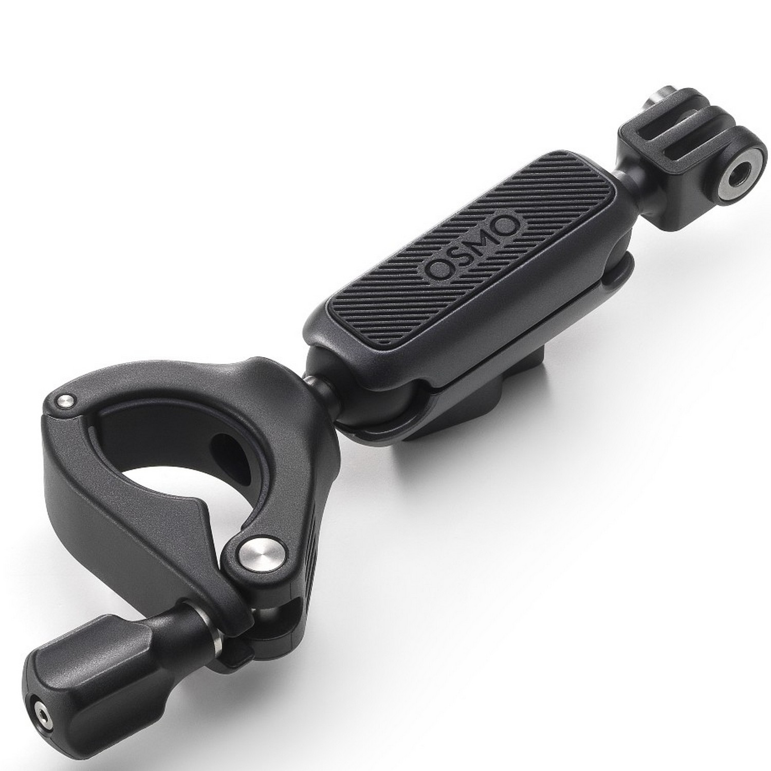 Een zwarte Osmo action camera mount, met een klem en een gewricht voor aanpassingen.