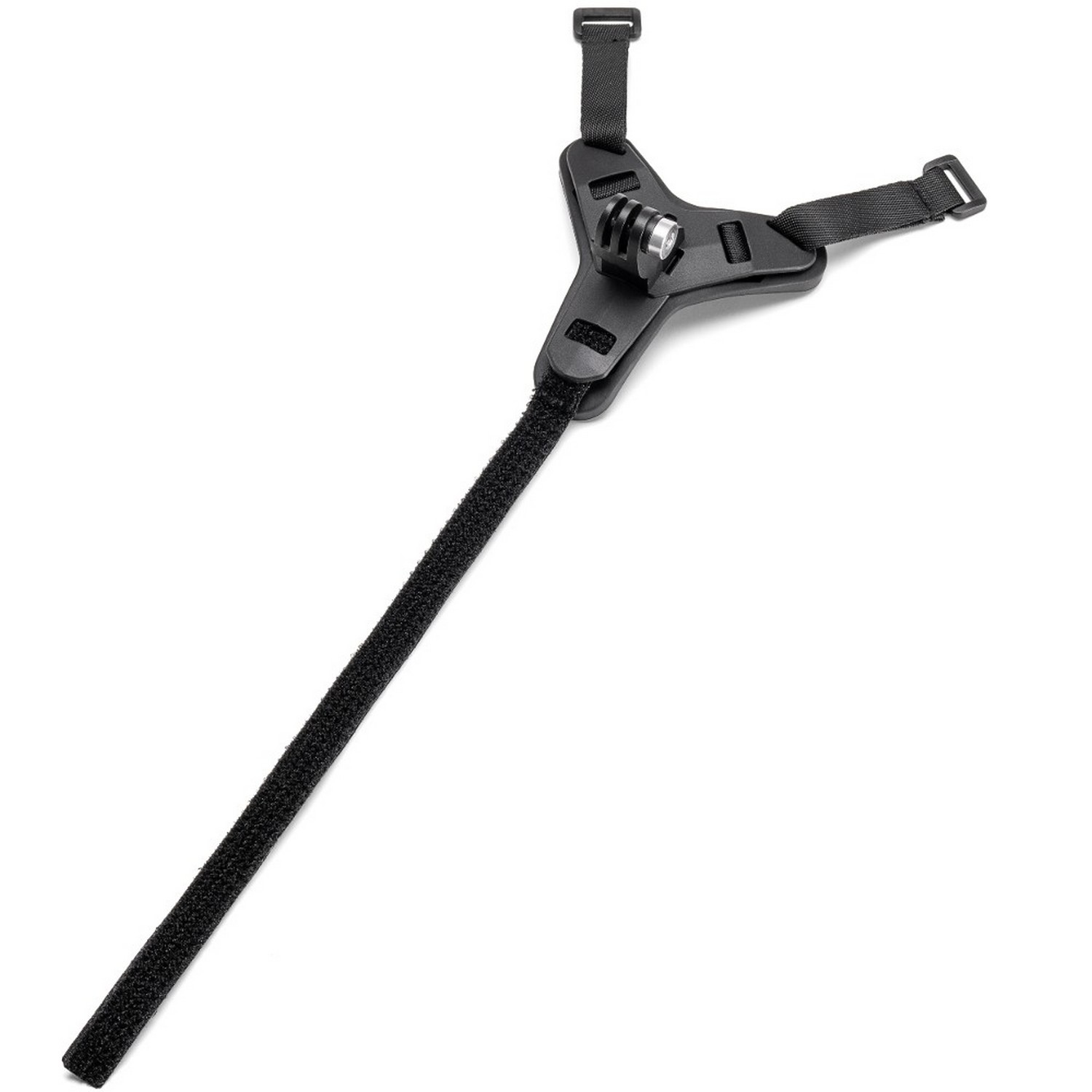 Black head strap mount for a camera. Includes a long velcro strap and a connector.