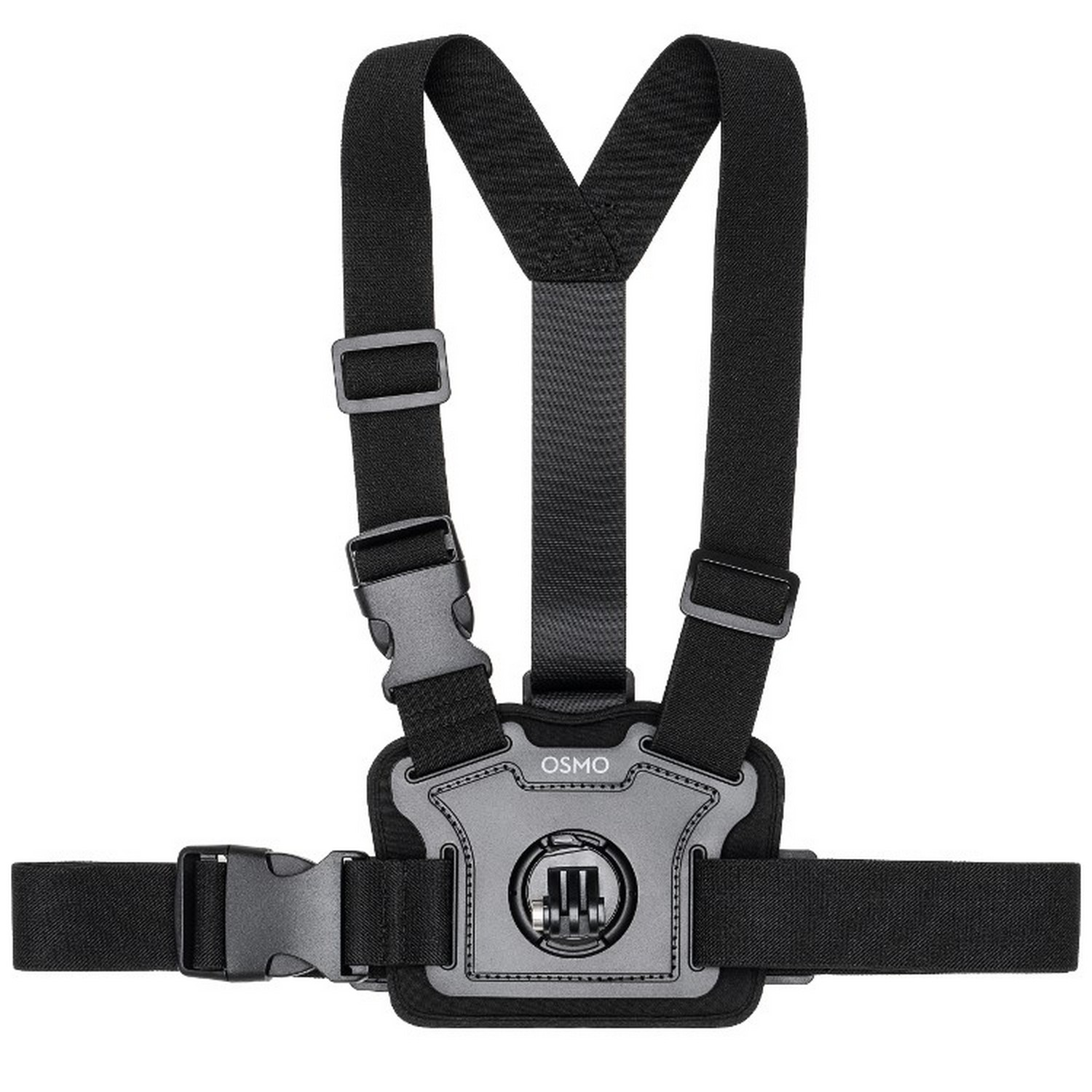 Black chest strap for action camera with Osmo logo. Adjustable straps and buckle.