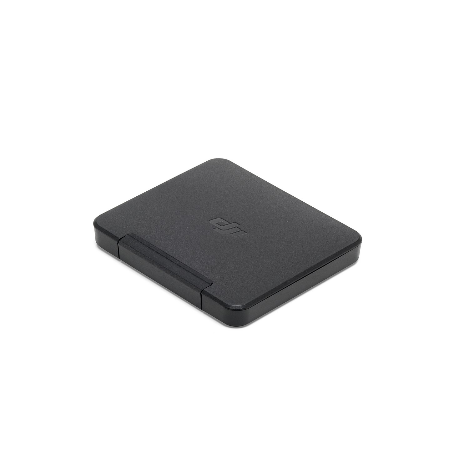 A black DJI drone carrying case on a white surface.