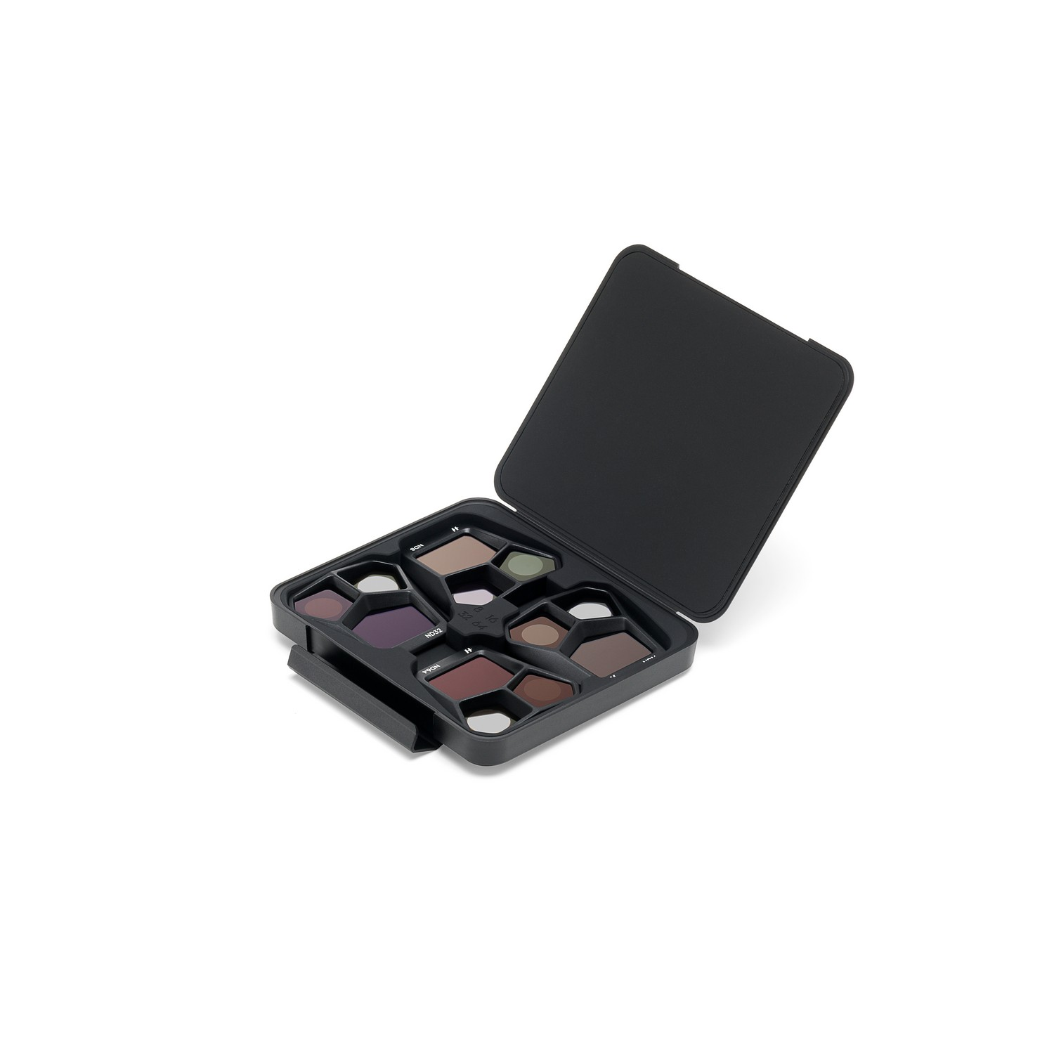 A black makeup palette, open, showing various shades of eyeshadow and a mirror.