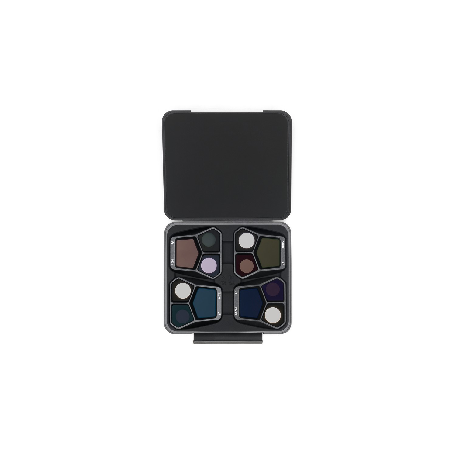 A black case holds multiple makeup palettes, each with various colors, seen from above.