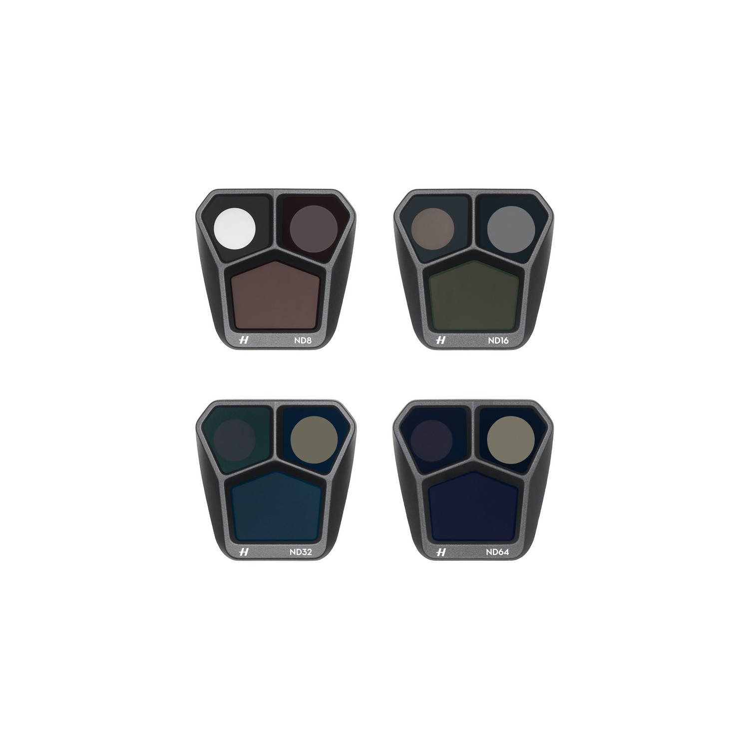 Four grey filters labeled ND8, ND16, ND32, and ND64, with a white background.
