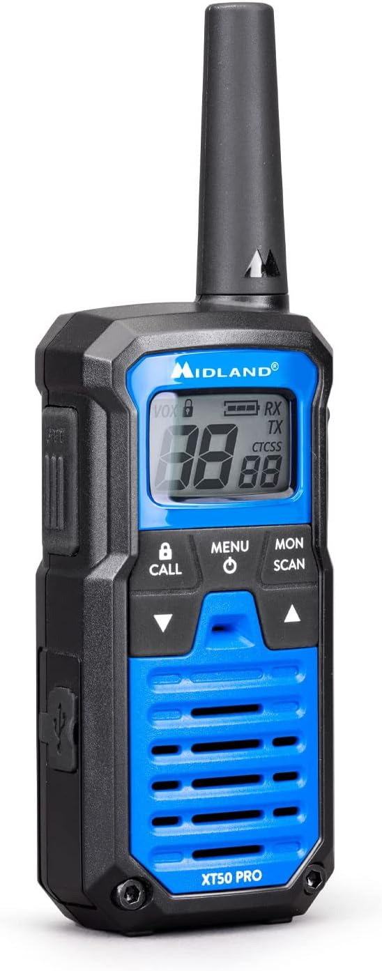 Walkie-talkie negro y azul con una pantalla que muestra números y botones.
