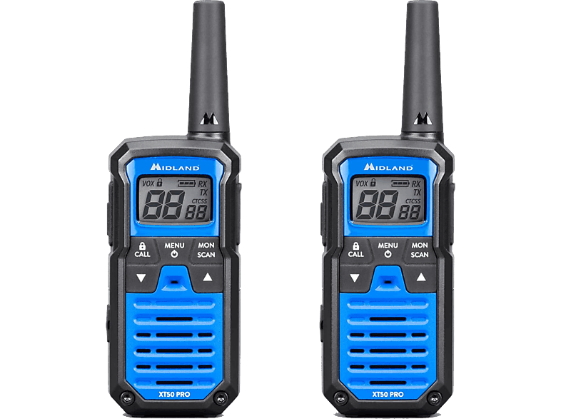 Walkie Talkie - Midland XT50 Pro, Carga Rápida, 85 canales (69 LPD + 16 PMR446), USB, Alcance de 8 km, Azul