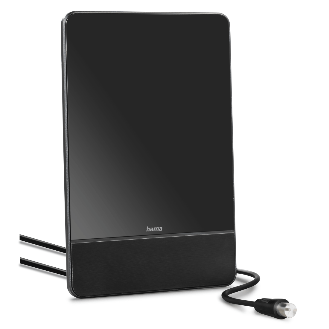 Antena negra con frente brillante y cable.