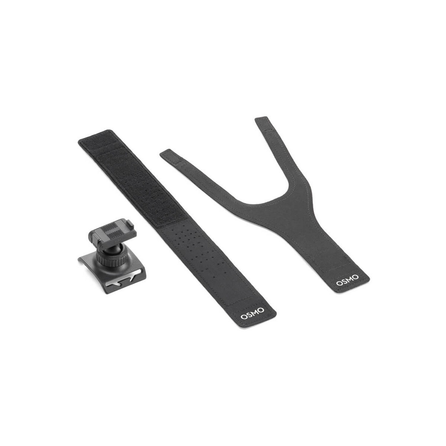 Three black straps and a small black device. White background.
