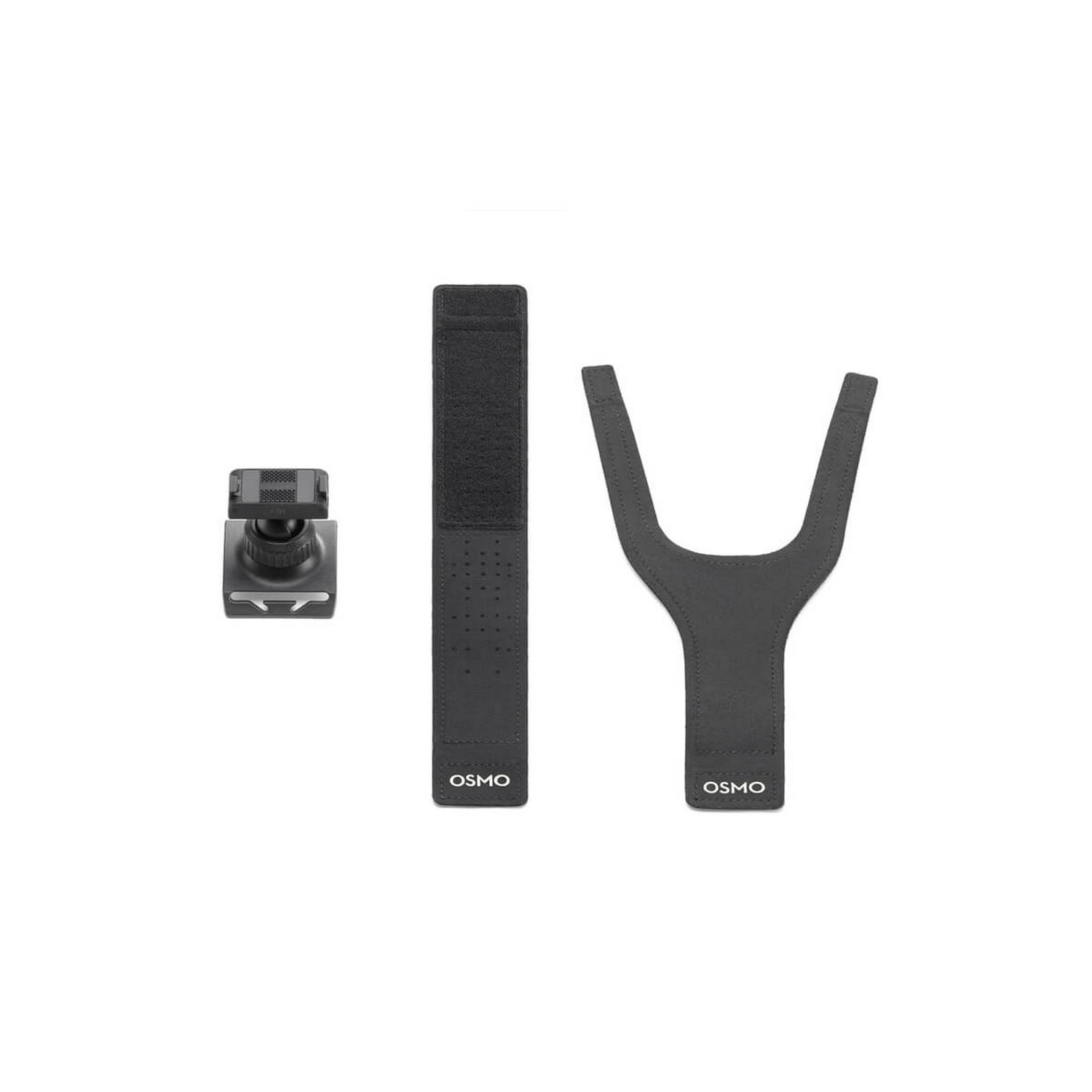 Black Osmo device parts on a white background. Includes a camera mount, long strap, and a Y-shaped strap.