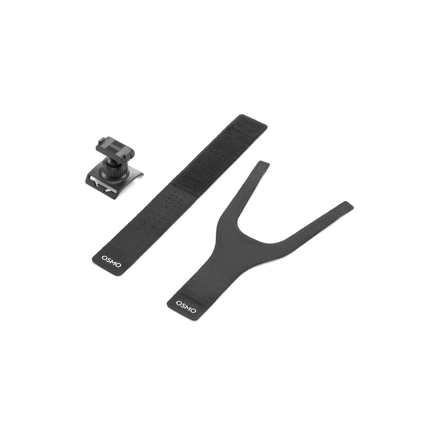 Black Osmo drone accessories, including straps and mount, on a white surface.