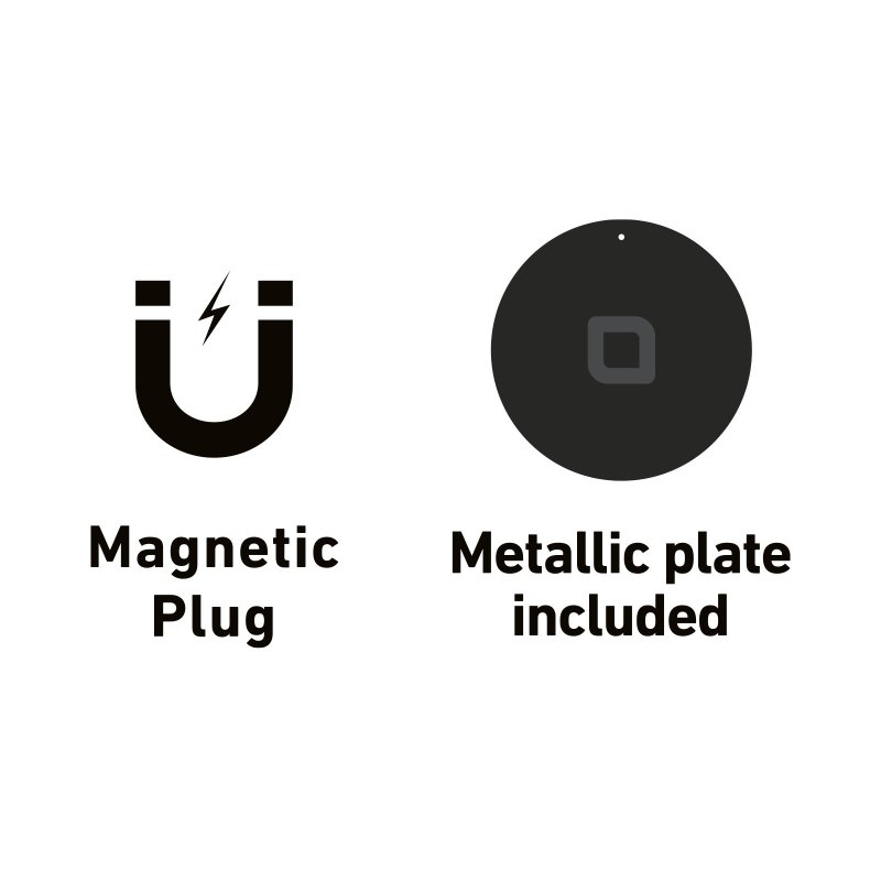Magnetischer Stecker und Metallplatte. Text: Magnetischer Stecker, Metallplatte enthalten.