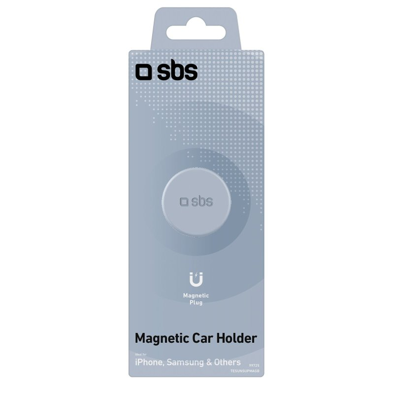 Graue Verpackung mit magnetischer Autohalterung. Die Marke ist sbs. Text: Magnetic Car Holder für iPhone, Samsung & Others.
