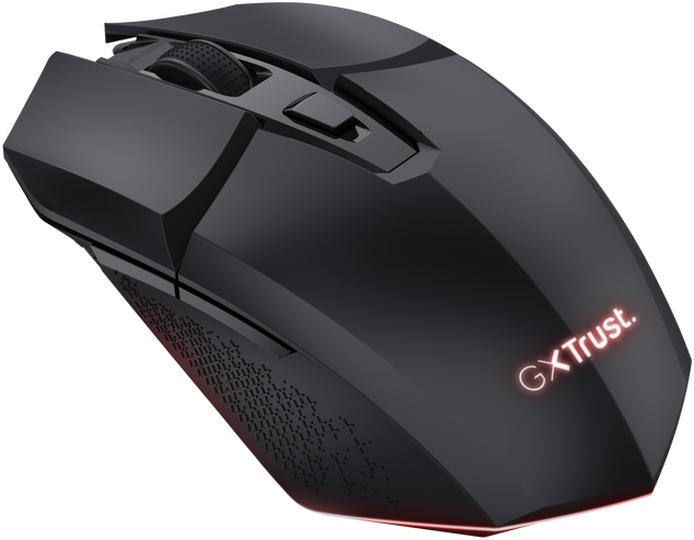Fekete gamer egér piros részletekkel. Görgővel és oldalsó gombokkal. A GXTrust logó látható.