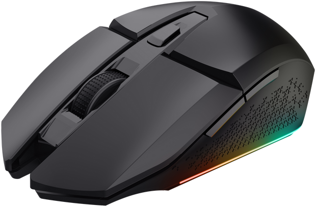 Fekete gamer egér RGB világítással az alsó szélén, ferde nézetből.