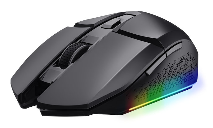 Czarna mysz do gier z oświetleniem RGB na dolnej krawędzi.