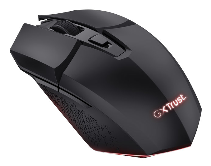 Czarna mysz gamingowa z podświetlonym logo.