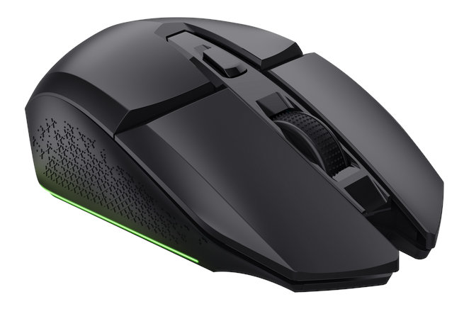 Czarna mysz gamingowa z bocznymi przyciskami i kółkiem przewijania.