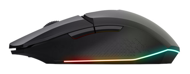 Widok z boku czarnej myszy do gier. Posiada kółko przewijania, przyciski i kolorowe podświetlenie.