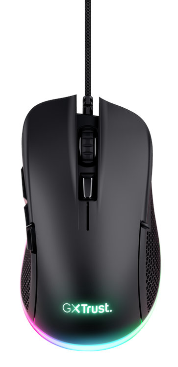 Czarna mysz do gier z kolorowymi diodami LED. Posiada kółko przewijania i kilka przycisków.