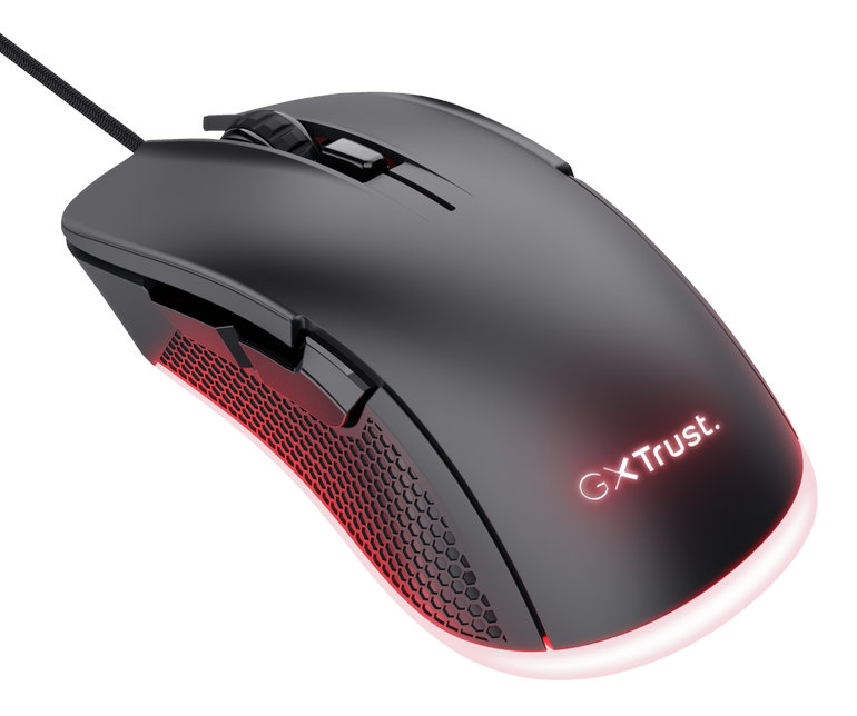 Czarna mysz gamingowa Trust z czerwonym podświetleniem od spodu i czarnym kablem.
