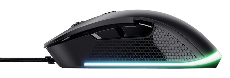 Widok z boku czarnej myszy gamingowej z boczną ścianką o wzorze plastra miodu i światłem.