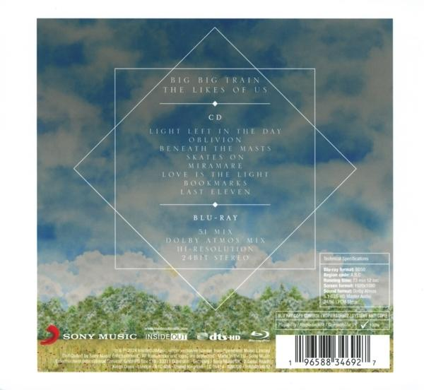 CD-Hülle hinten mit Titelliste, Credits und einer Landschaftsszene mit bewölktem Himmel und grünen Feldern.