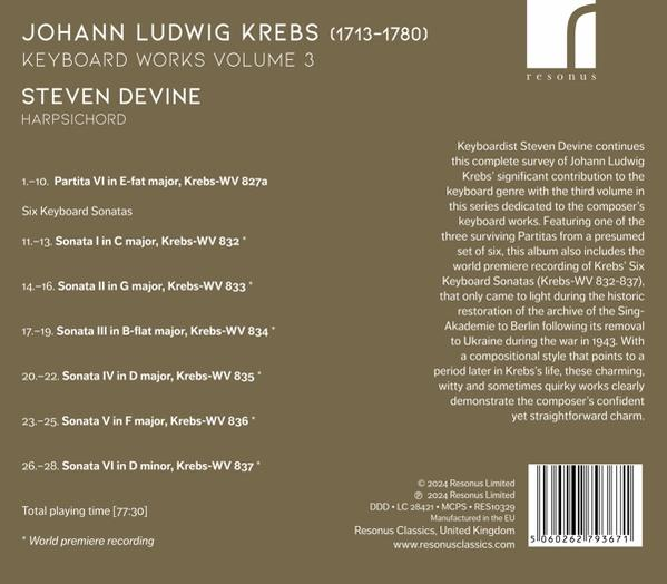 Albumcover für Johann Ludwig Krebs, Keyboard Works Vol. 3 von Steven Devine.