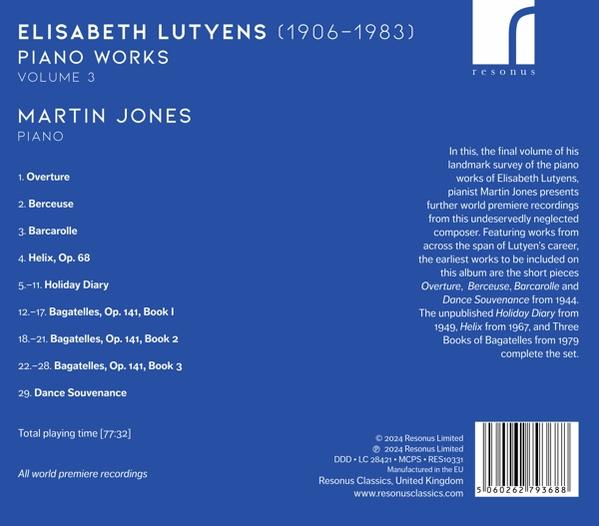 CD-Cover: Elisabeth Lutyens, Piano Works Vol. 3, Martin Jones, Klavier