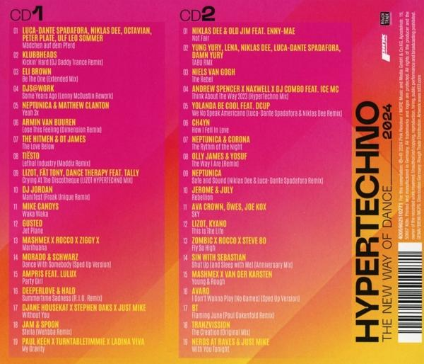 CD-Cover mit Tracklisten für Hypertechno 2024. Der Text ist in Weiß und Pink gehalten.