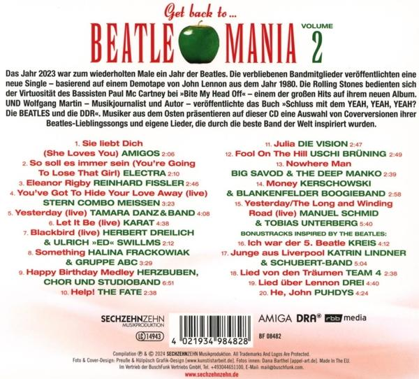 CD-Cover des Albums 'Beatlemania 2' mit Texten und Bildern der Beatles und anderer Künstler.