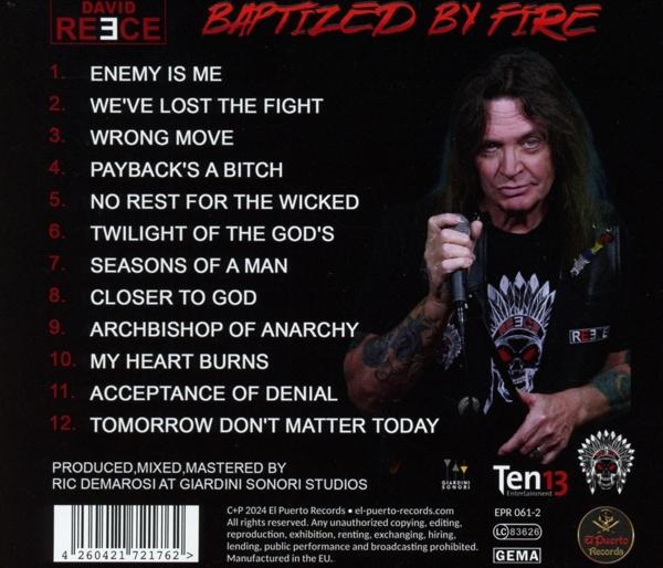 Rückseite einer CD mit einem Foto von David Reece und einer Titelliste.