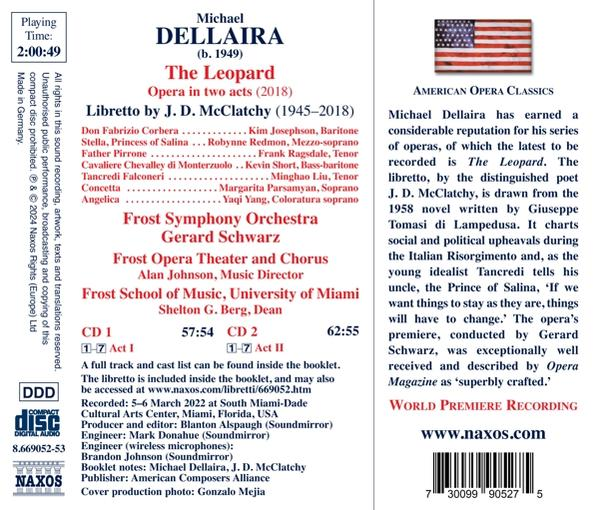 CD-Cover: Michael Dellairas Oper 'The Leopard' mit Aufnahmedetails und Besetzung.