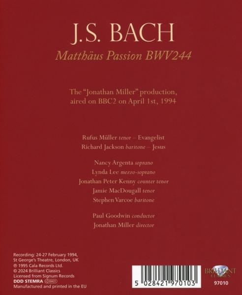 Rote CD-Hülle mit J.S. Bachs Matthäuspassion, Besetzung und Aufnahmeinfos.