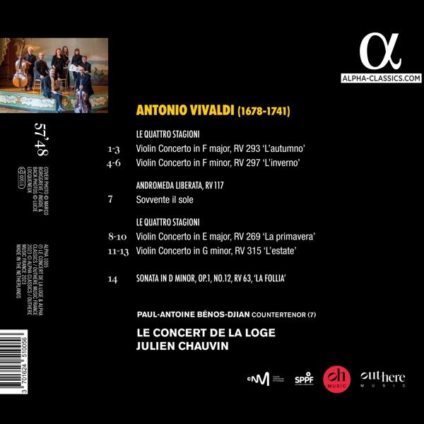 Rückseite eines Albums mit Text über Antonio Vivaldis Werk, einschließlich eines Fotos von Musikern.