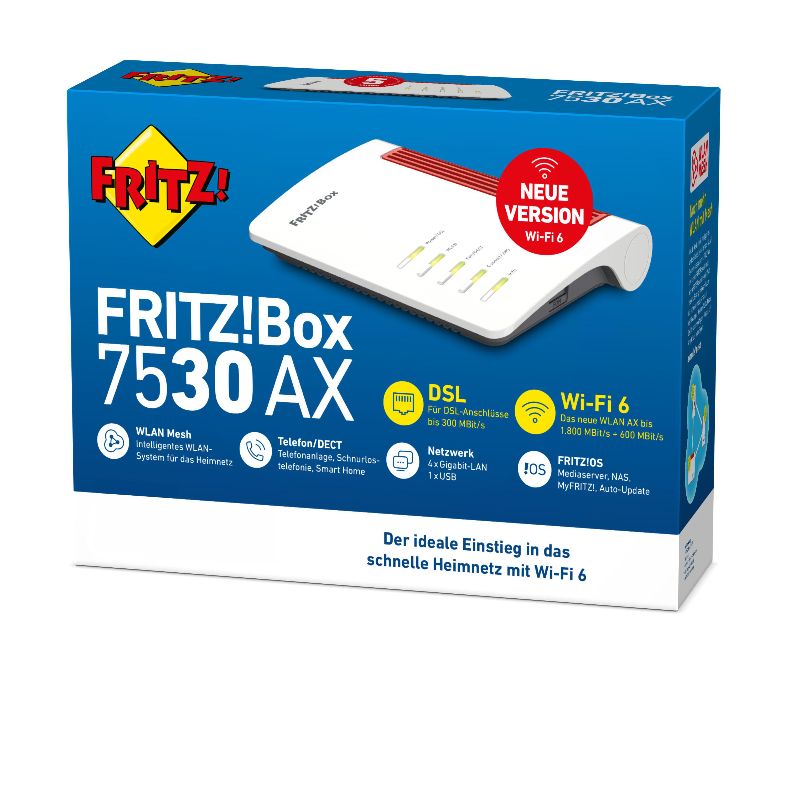 Eine weiße und rote Routerbox mit Text und Symbolen auf weißem Hintergrund.
