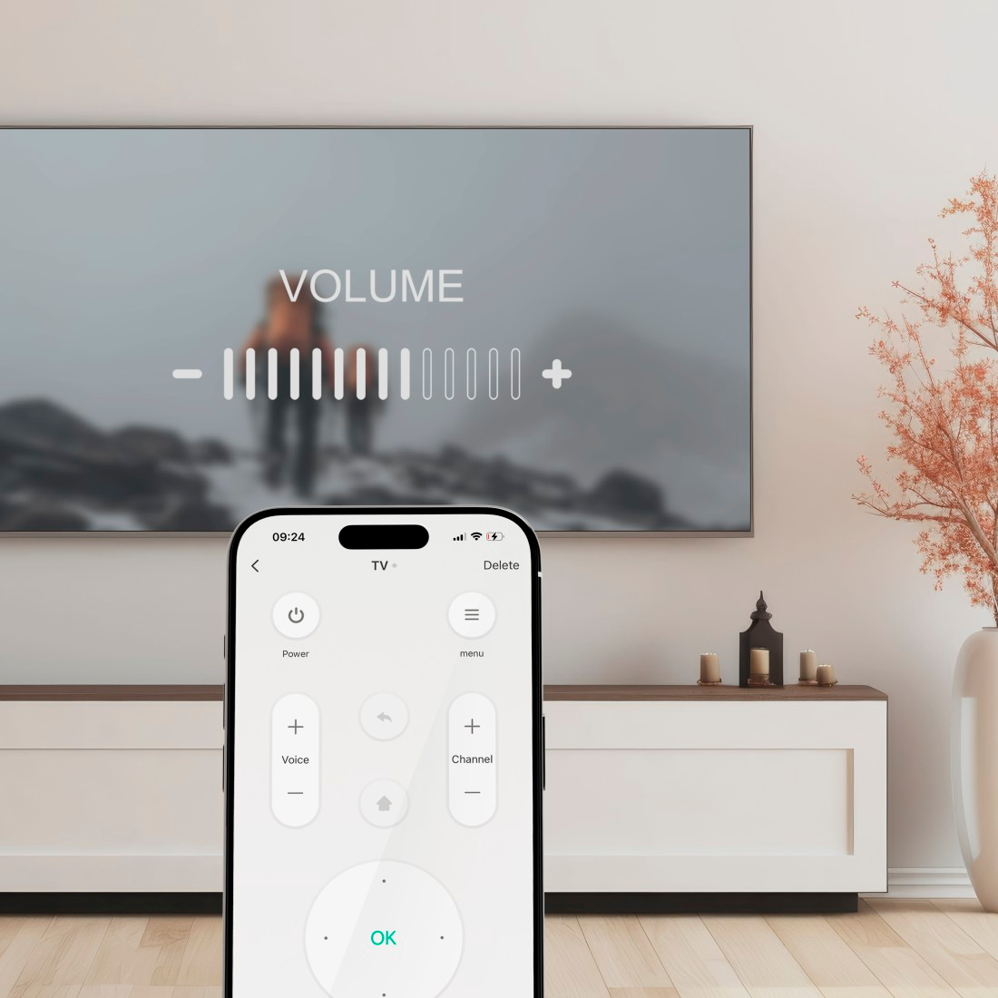 Smartphone zeigt Lautstärkeregelung über verschwommener Berglandschaft, TV & Vase.