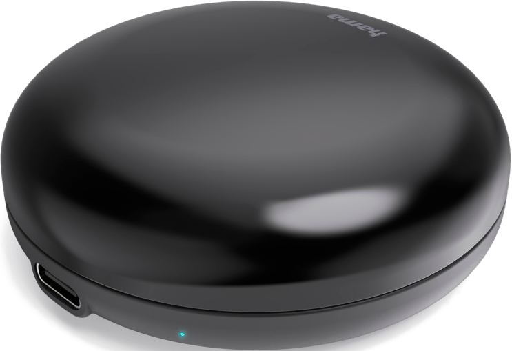 Ein schwarzes, rundes und glänzendes Gerät mit USB-Anschluss und blauem Licht.