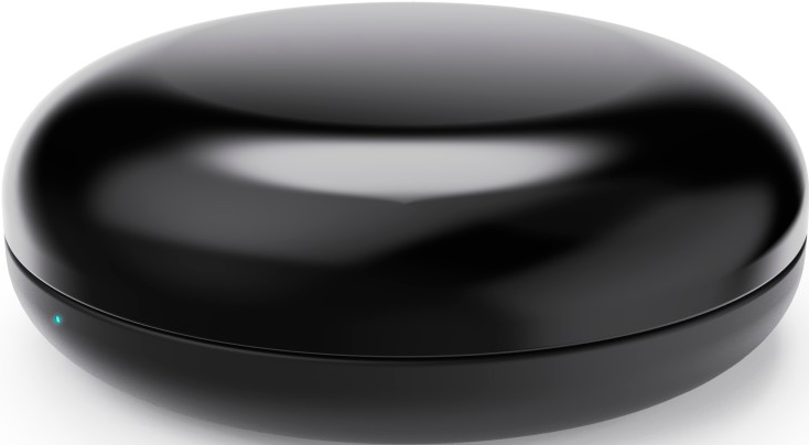 Schwarzes, ovales Smart-Home-Gerät mit glänzender Oberseite und kleiner blauer LED.