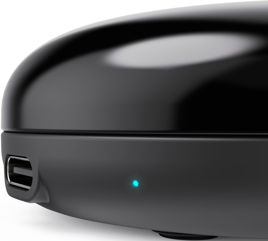 Schwarzes, abgerundetes Gerät mit USB-Anschluss und kleinem blauen Licht.