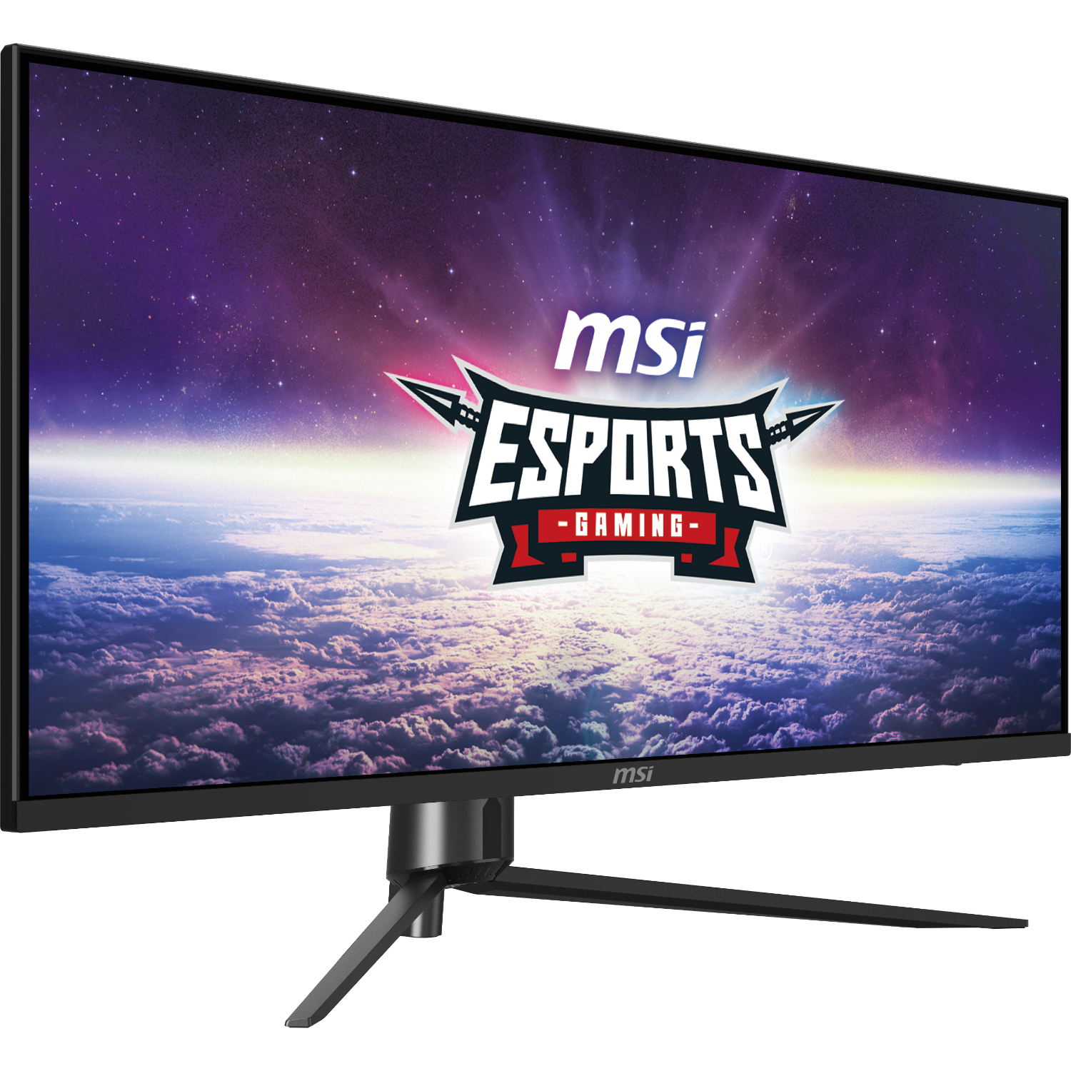 Een zwarte MSI gaming monitor toont een esports logo tegen een bewolkte ruimte achtergrond.