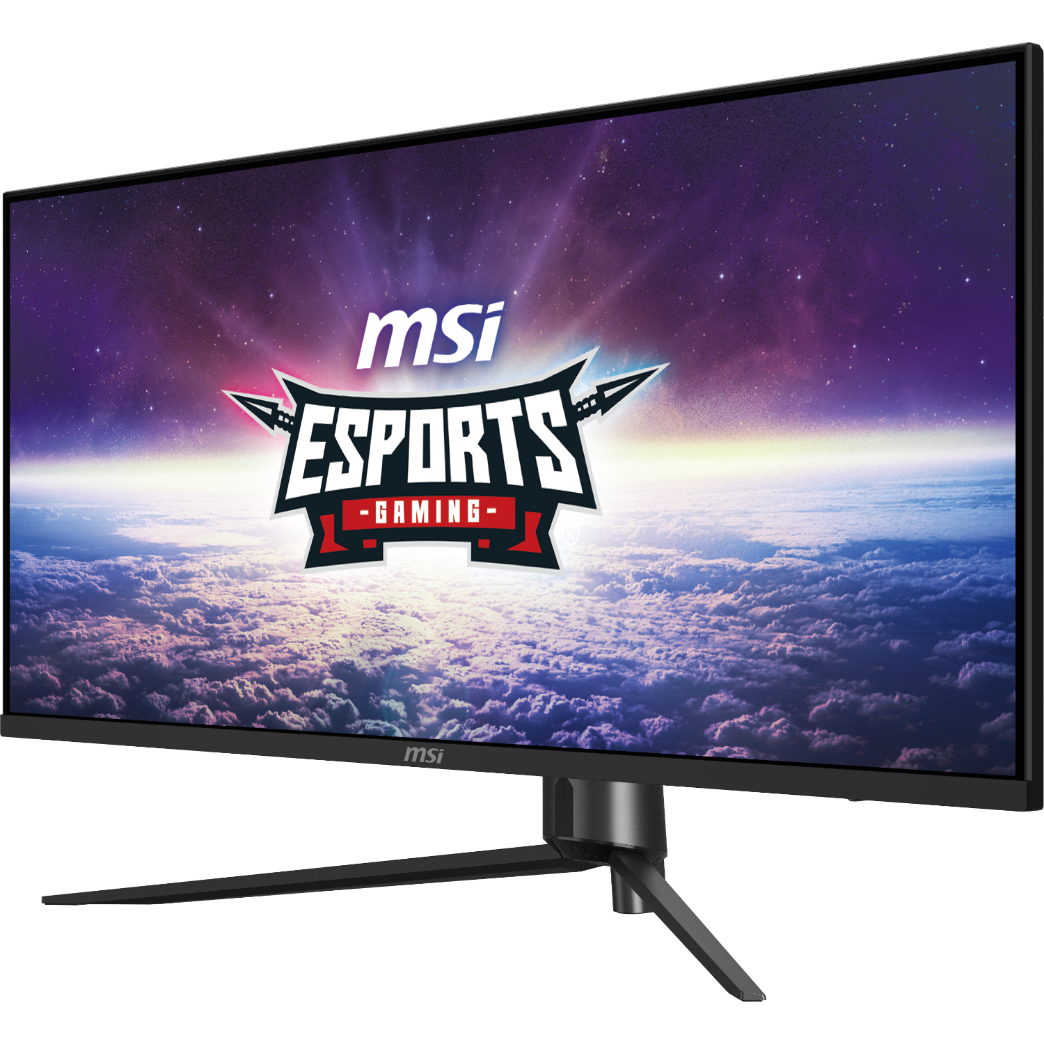 Zwarte MSI gaming monitor met een luchtscène en een esports logo. Zwarte standaard en bezel zichtbaar.