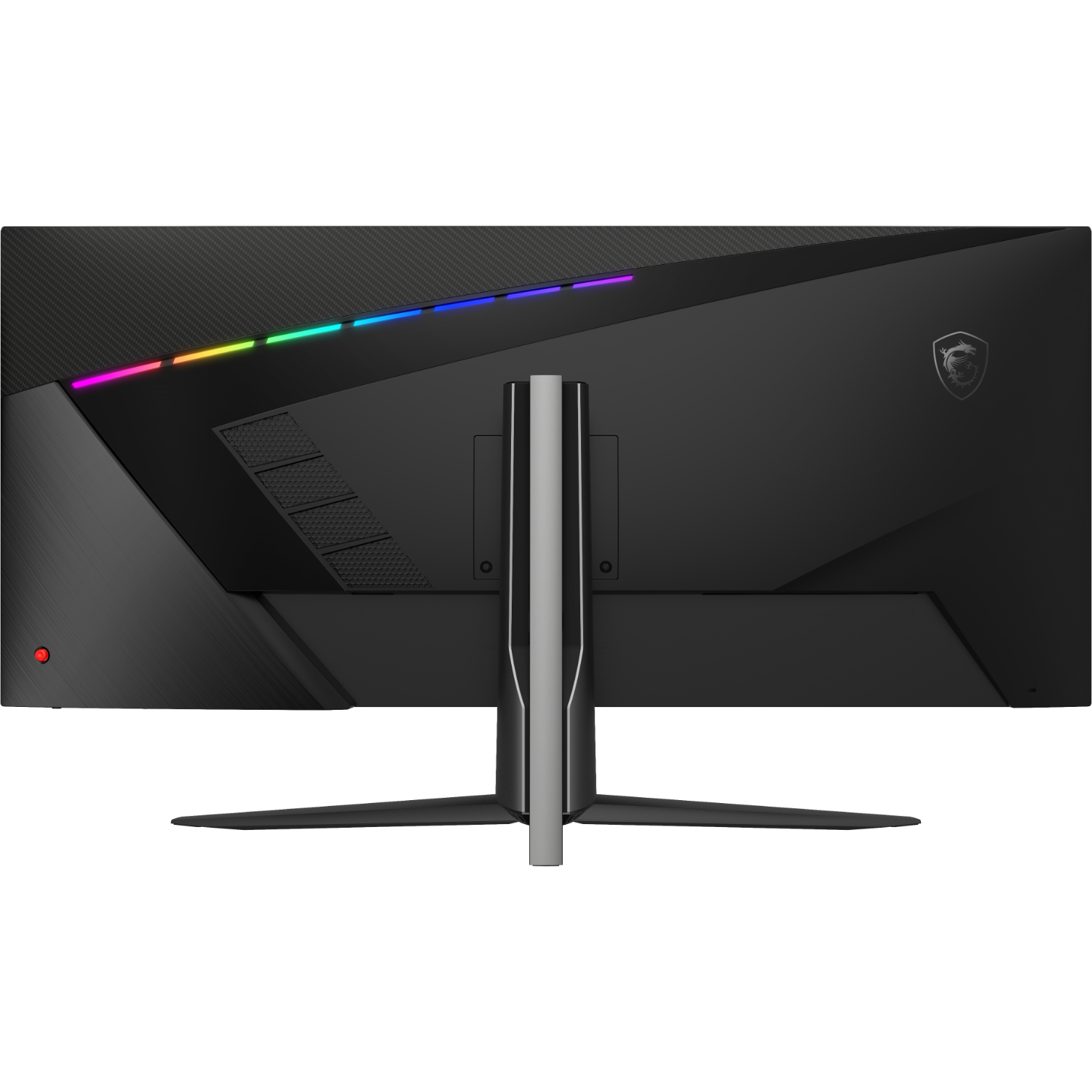 Achterkant van een gaming monitor met lichten, een standaard en het MSI logo.
