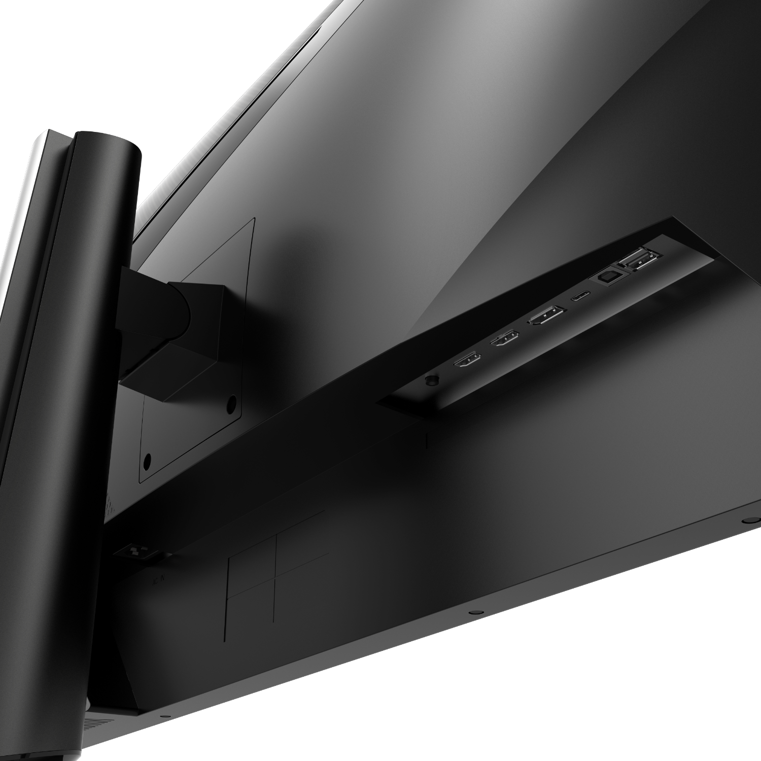 Achteraanzicht van een zwarte monitor met poorten voor USB, HDMI en andere aansluitingen.