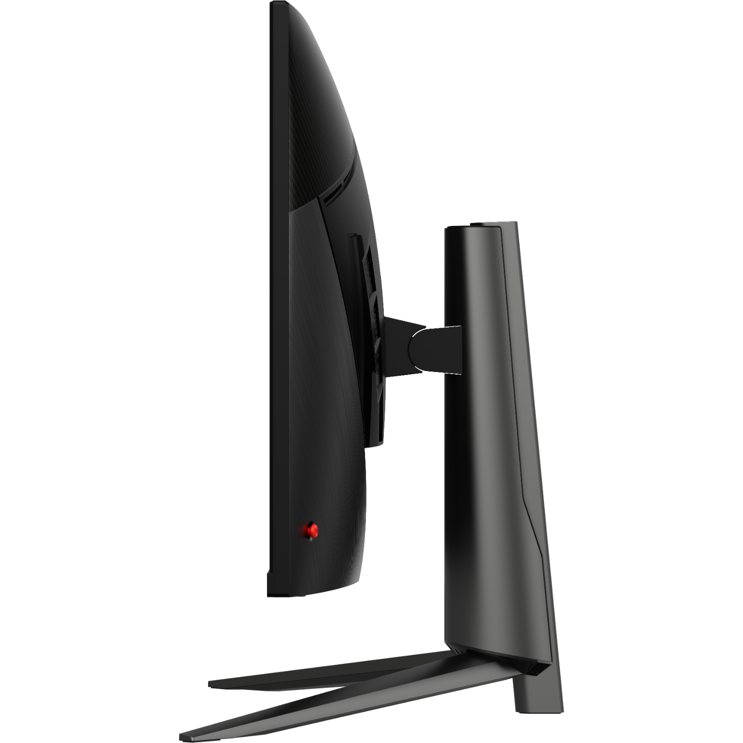Zijaanzicht van een zwarte computermonitor met rode aan/uit-knop. Zwarte achtergrond.