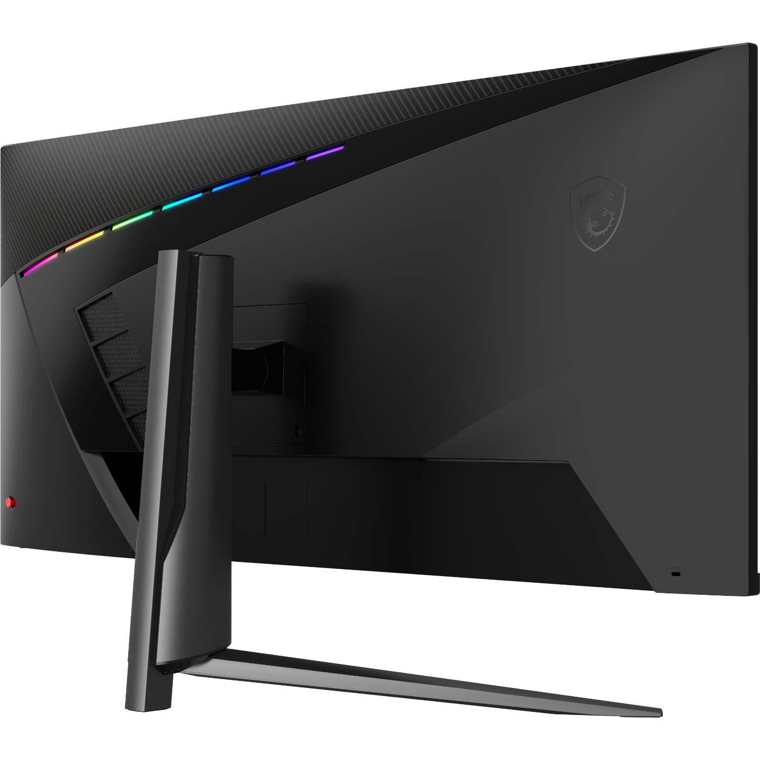 Achteraanzicht van een gebogen zwarte computermonitor met een standaard. LED-verlichting en een logo zijn zichtbaar.