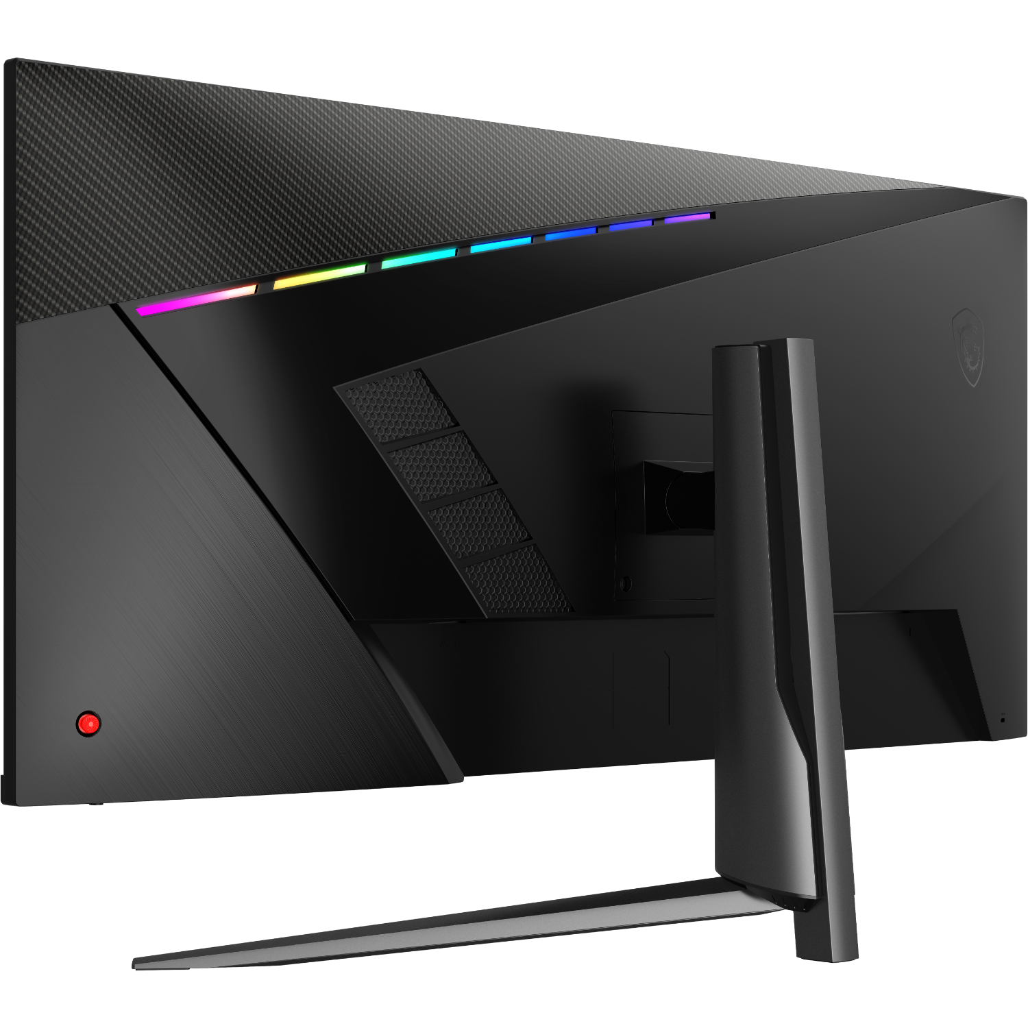 Achterkant van een zwarte gaming monitor met een standaard. Met rode aan/uit-knop en gekleurde lichtbalk.